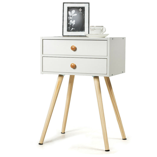 Mid Century Modern Nightstand, 2 Drawers, Natural White Nightstands White at Gallery Canada