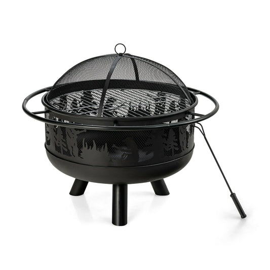 30 Inch Patio Round Fire Pit with  Fire Poker Cooking Grill, Black - Gallery Canada