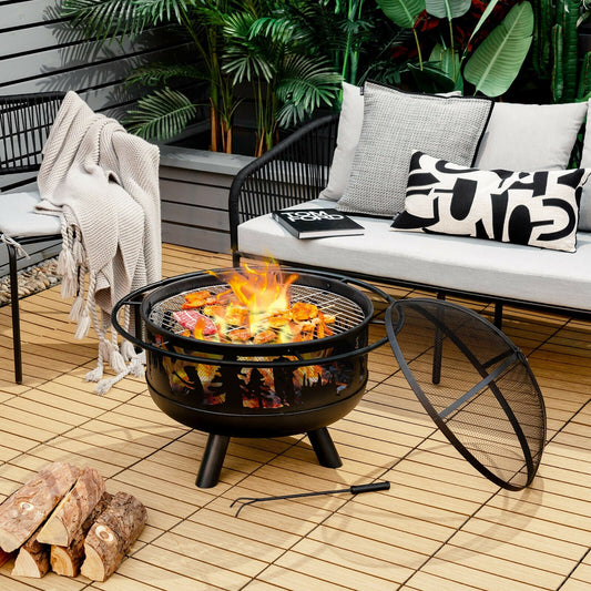 30 Inch Patio Round Fire Pit with  Fire Poker Cooking Grill, Black - Gallery Canada