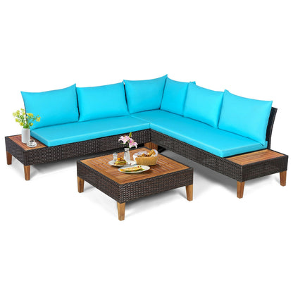 4 Pieces Patio Cushioned Rattan Furniture Set with Wooden Side Table, Turquoise Outdoor Sectionals at Gallery Canada