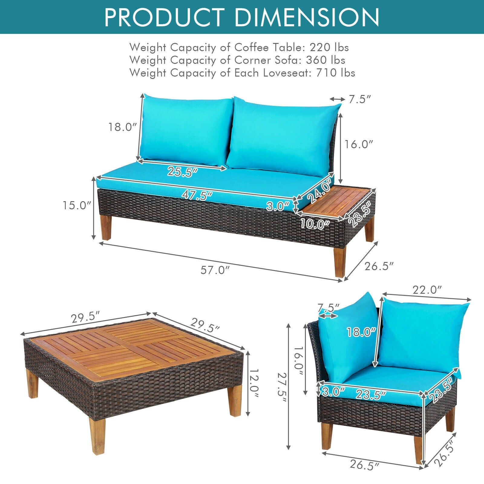 4 Pieces Patio Cushioned Rattan Furniture Set with Wooden Side Table, Turquoise Outdoor Sectionals at Gallery Canada