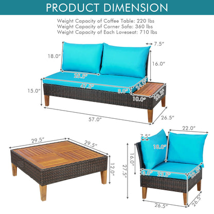 4 Pieces Patio Cushioned Rattan Furniture Set with Wooden Side Table, Turquoise Outdoor Sectionals at Gallery Canada