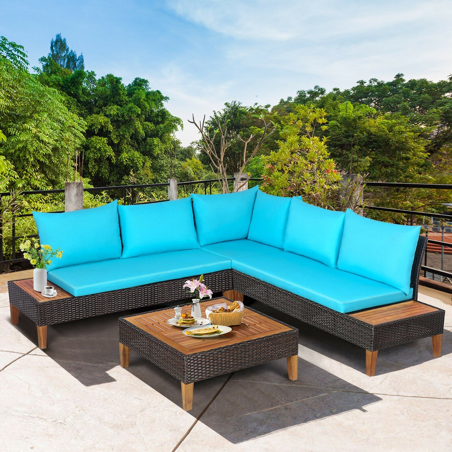 4 Pieces Patio Cushioned Rattan Furniture Set with Wooden Side Table, Turquoise Outdoor Sectionals at Gallery Canada