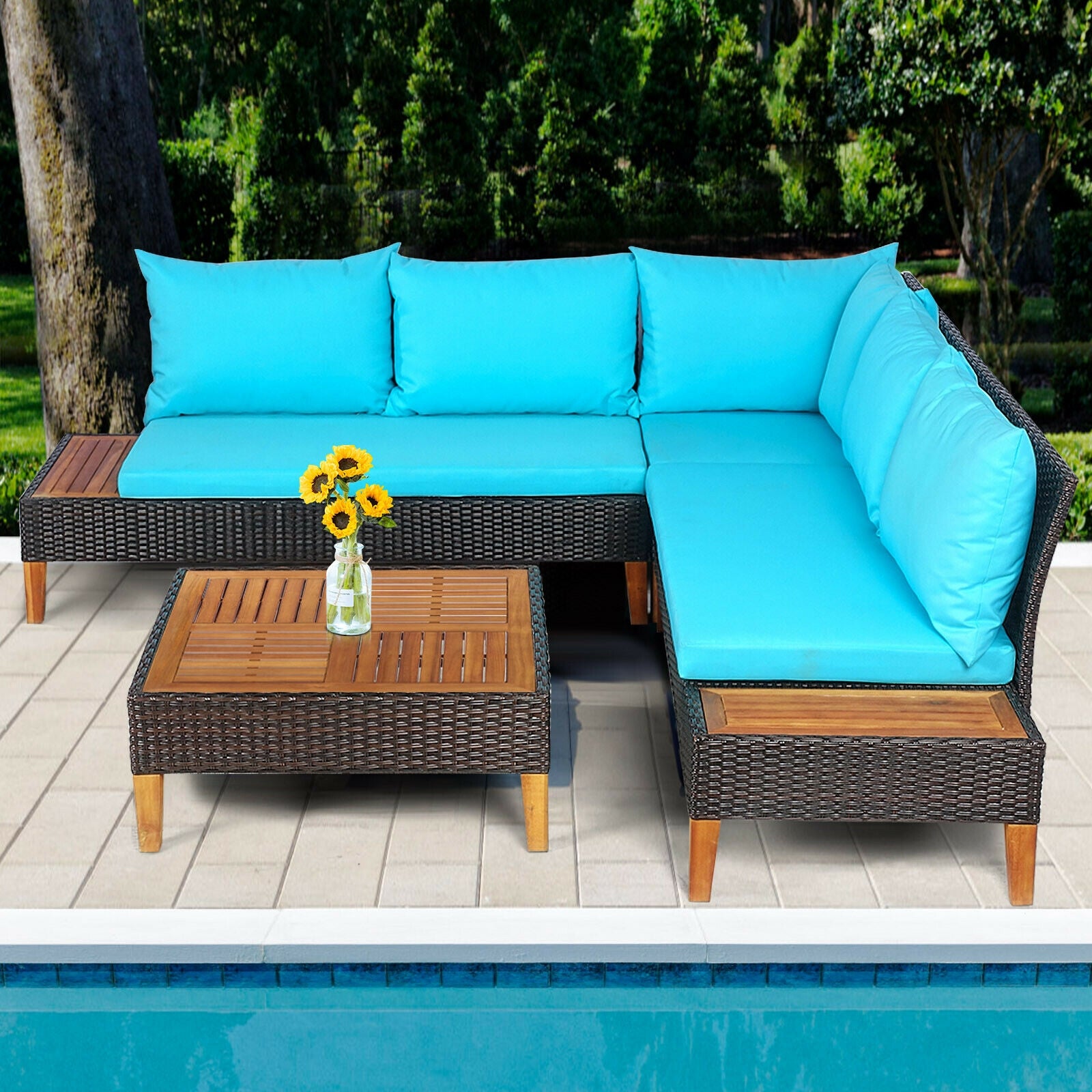 4 Pieces Patio Cushioned Rattan Furniture Set with Wooden Side Table, Turquoise Outdoor Sectionals at Gallery Canada