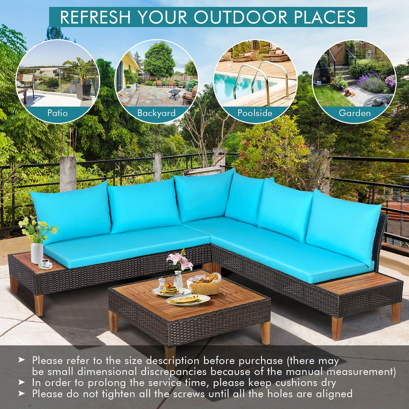 4 Pieces Patio Cushioned Rattan Furniture Set with Wooden Side Table, Turquoise Outdoor Sectionals at Gallery Canada