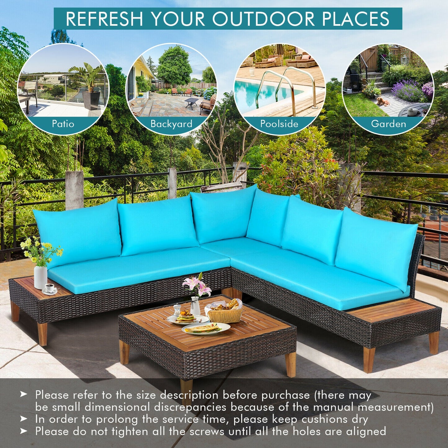 4 Pieces Patio Cushioned Rattan Furniture Set with Wooden Side Table, Turquoise Outdoor Sectionals at Gallery Canada