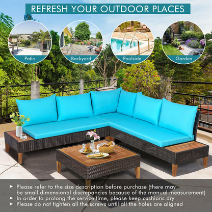 4 Pieces Patio Cushioned Rattan Furniture Set with Wooden Side Table, Turquoise Outdoor Sectionals at Gallery Canada