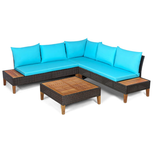 4 Piece Patio Rattan Furniture Set, Wooden Side Table, Turquoise