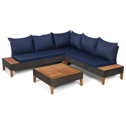 4 Piece Patio Rattan Furniture Set, Wooden Side Table, Navy Outdoor Sectionals Navy at Gallery Canada