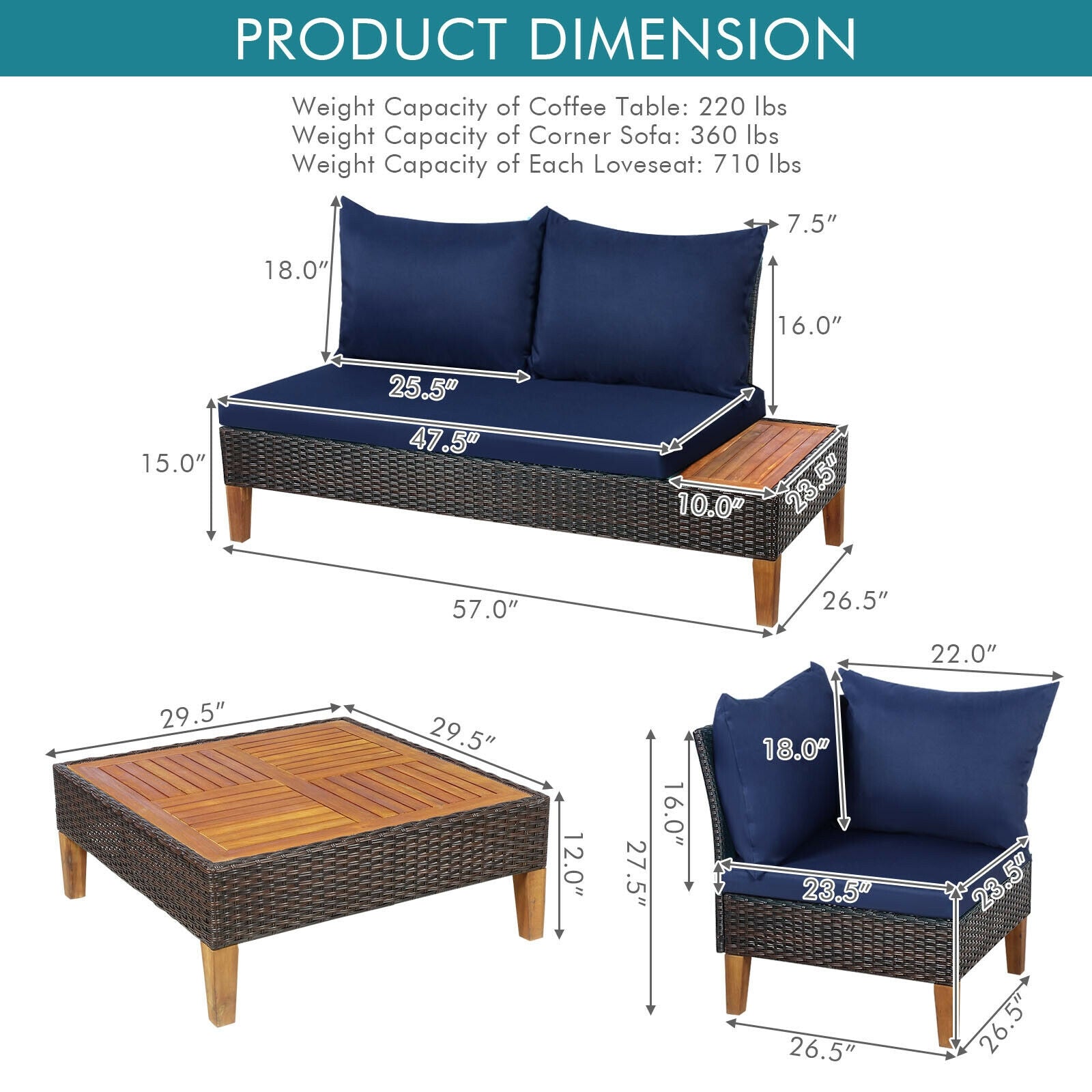 4 Pieces Patio Cushioned Rattan Furniture Set with Wooden Side Table, Navy Outdoor Sectionals at Gallery Canada
