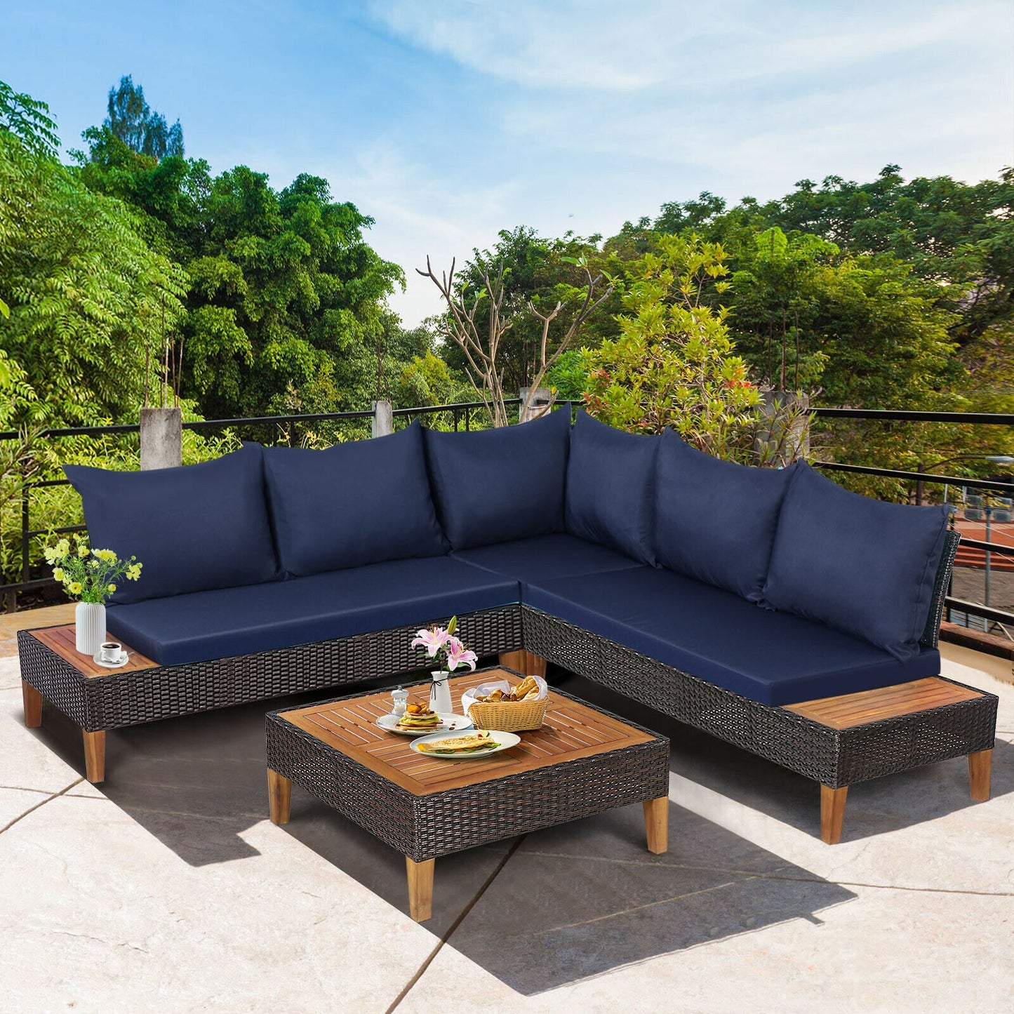 4 Pieces Patio Cushioned Rattan Furniture Set with Wooden Side Table, Navy Outdoor Sectionals at Gallery Canada