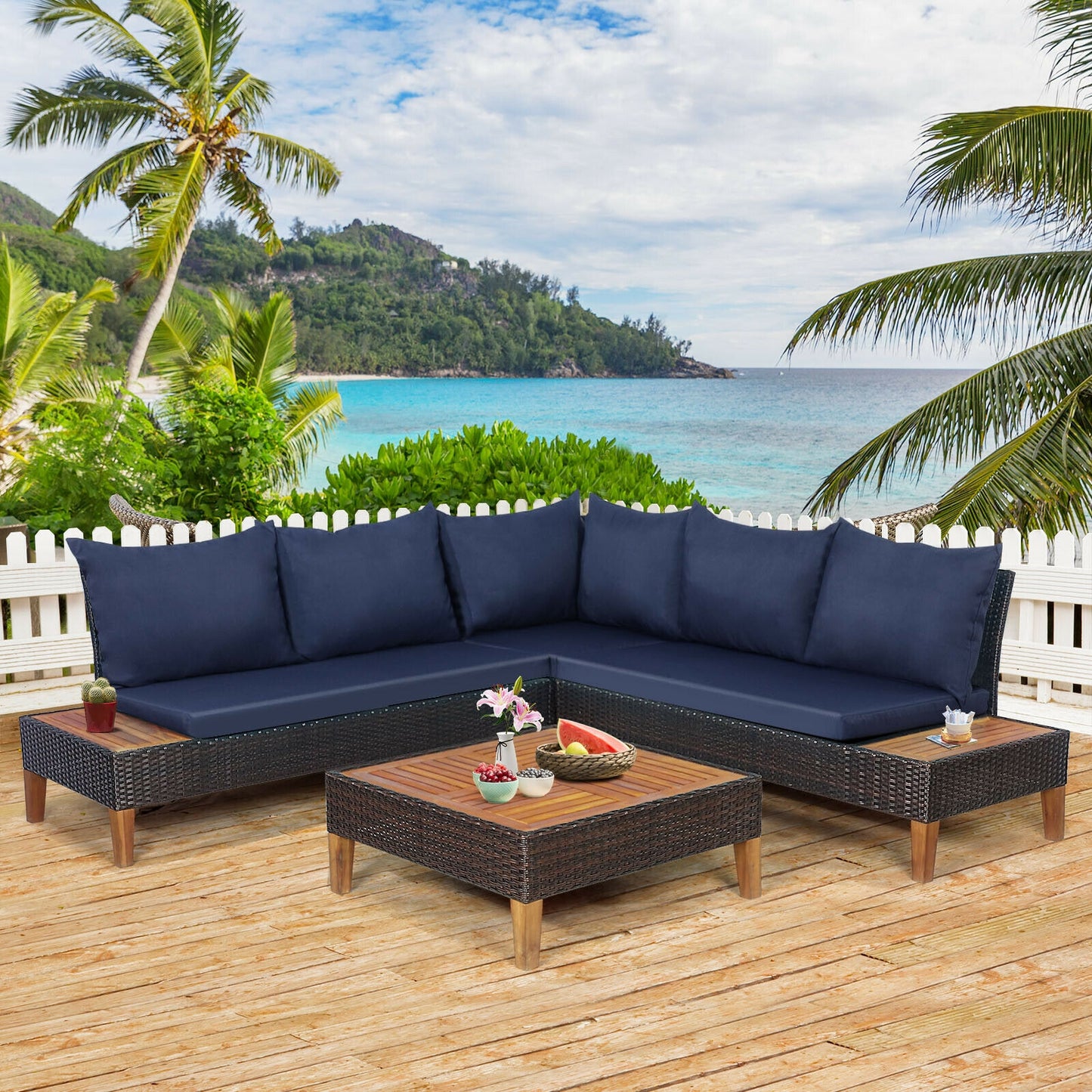 4 Pieces Patio Cushioned Rattan Furniture Set with Wooden Side Table, Navy Outdoor Sectionals at Gallery Canada