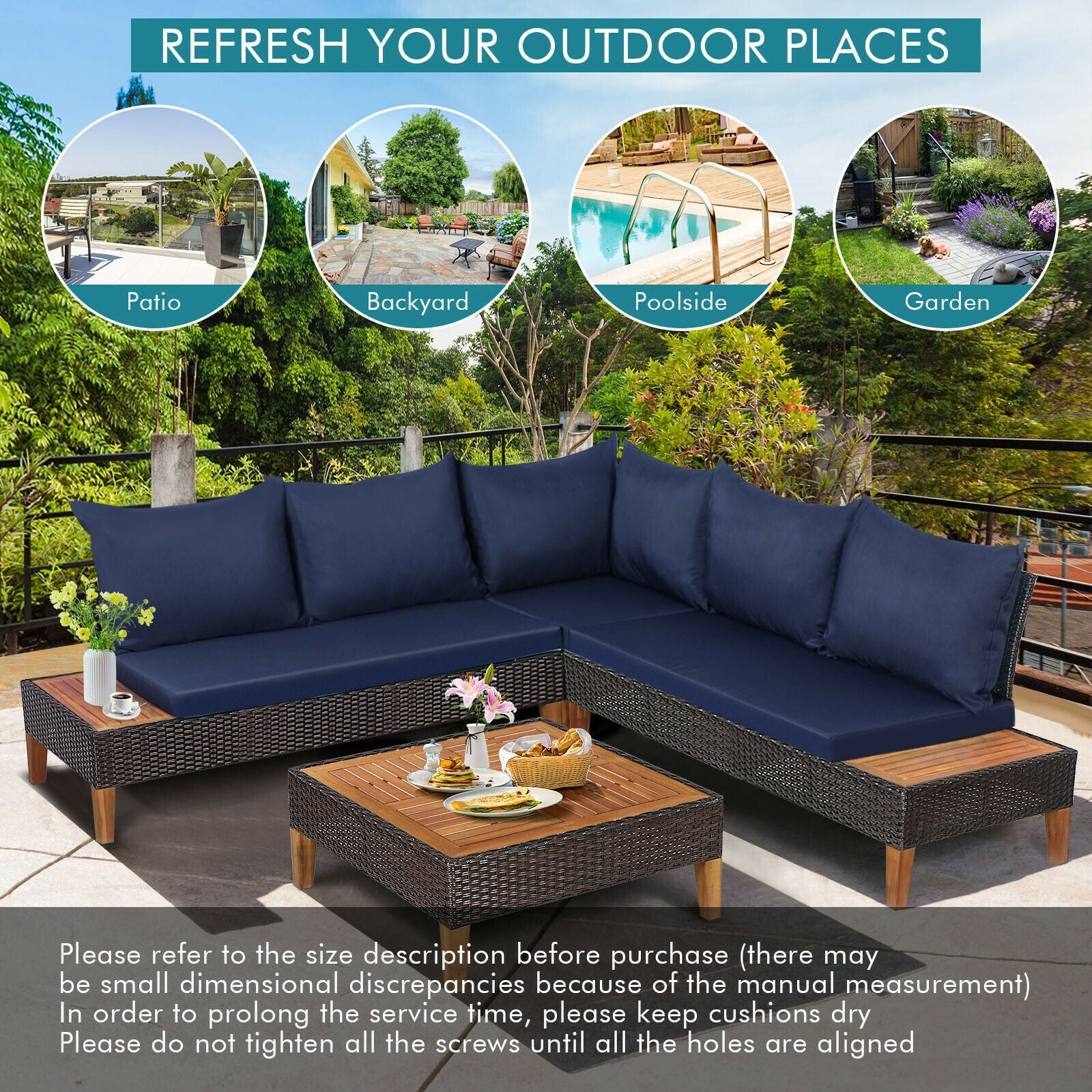 4 Pieces Patio Cushioned Rattan Furniture Set with Wooden Side Table, Navy Outdoor Sectionals at Gallery Canada