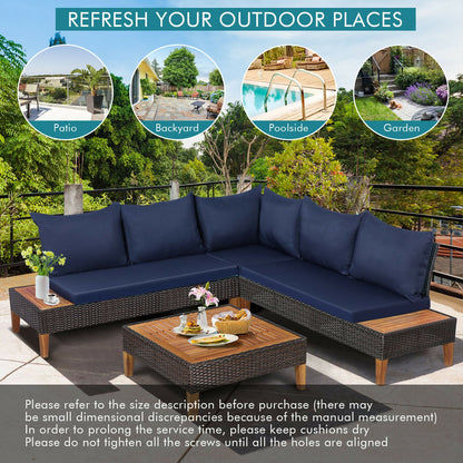 4 Pieces Patio Cushioned Rattan Furniture Set with Wooden Side Table, Navy Outdoor Sectionals at Gallery Canada
