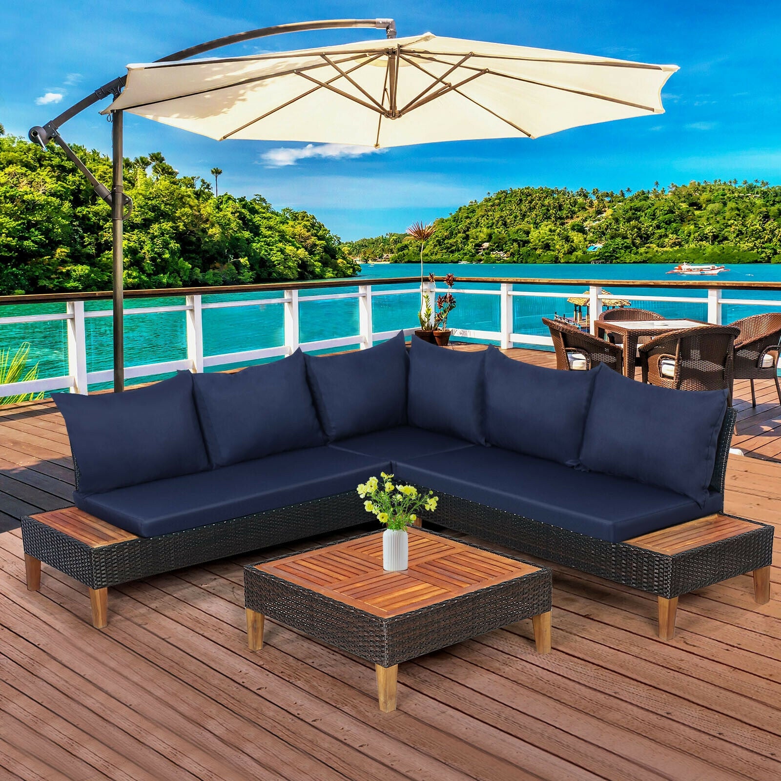 4 Pieces Patio Cushioned Rattan Furniture Set with Wooden Side Table, Navy Outdoor Sectionals at Gallery Canada