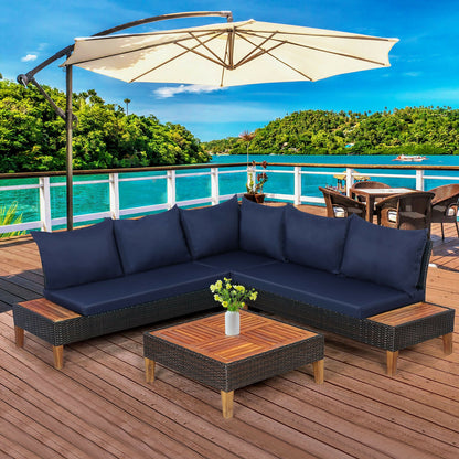 4 Pieces Patio Cushioned Rattan Furniture Set with Wooden Side Table, Navy Outdoor Sectionals at Gallery Canada