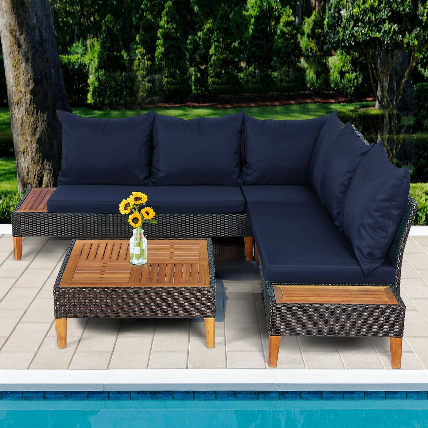 4 Pieces Patio Cushioned Rattan Furniture Set with Wooden Side Table, Navy Outdoor Sectionals at Gallery Canada