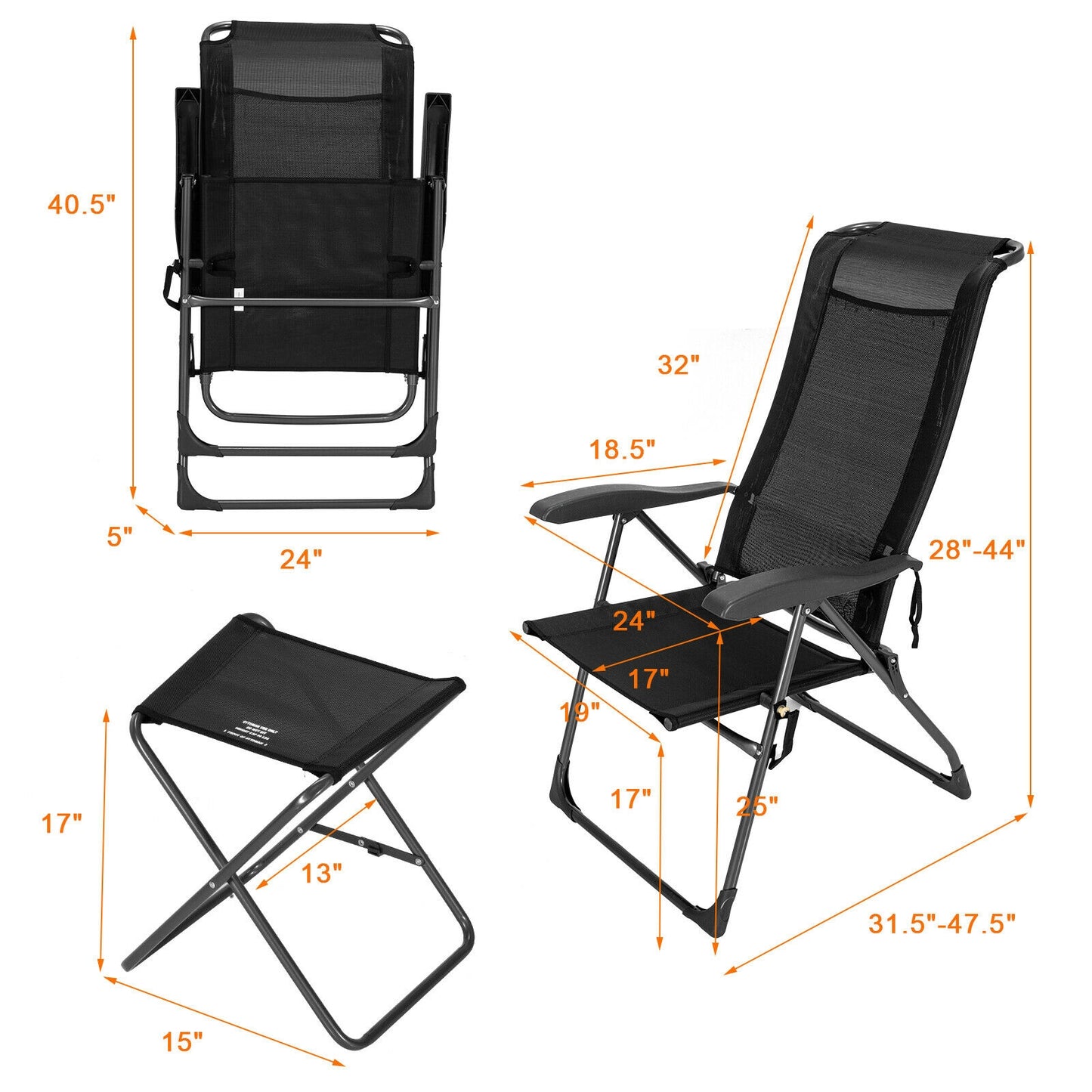 4 Pieces Patio Adjustable Back Folding Dining Chair Ottoman Set, Black Patio Dining Chairs at Gallery Canada