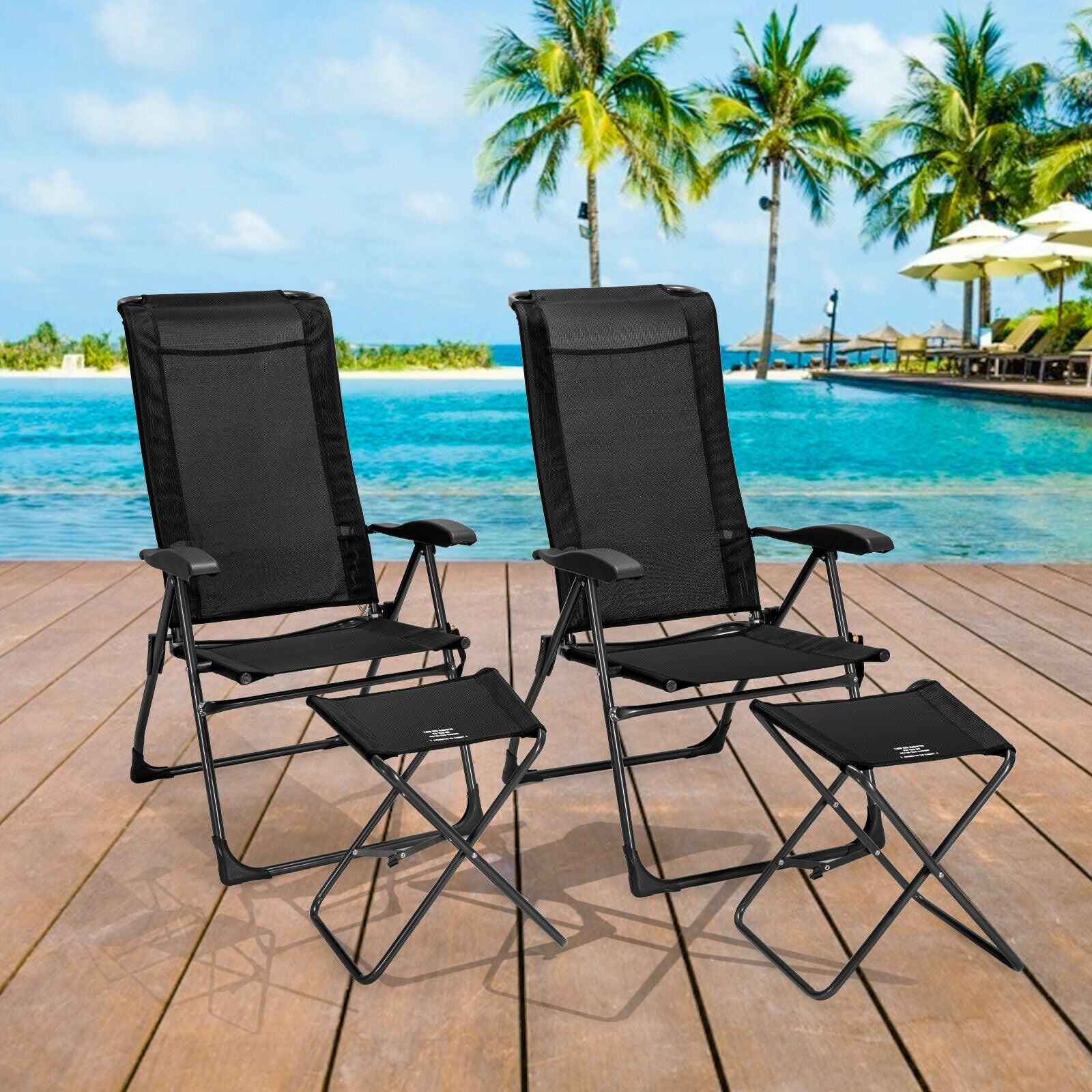 4 Pieces Patio Adjustable Back Folding Dining Chair Ottoman Set, Black Patio Dining Chairs at Gallery Canada