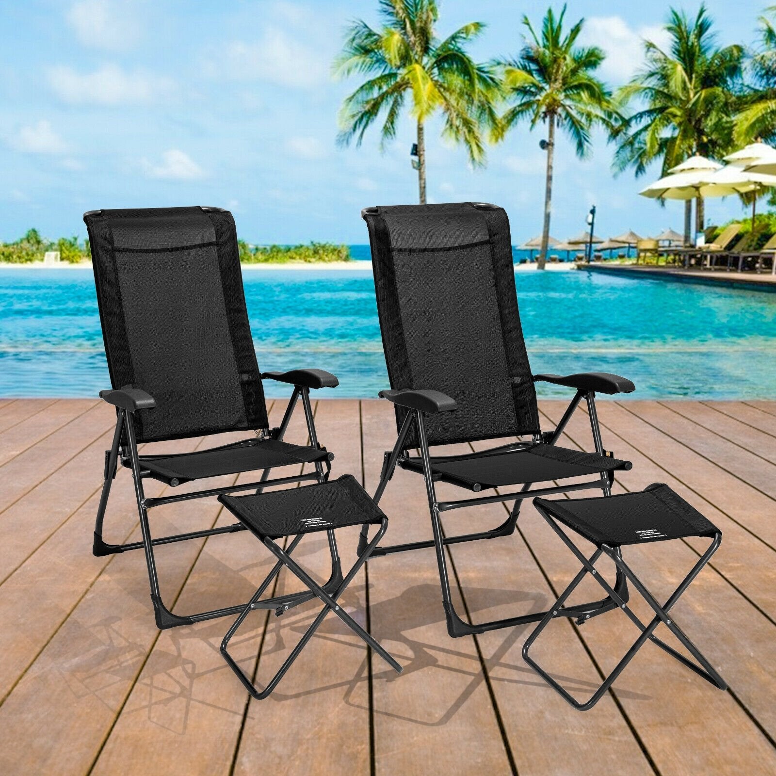 4 Pieces Patio Adjustable Back Folding Dining Chair Ottoman Set, Black - Gallery Canada