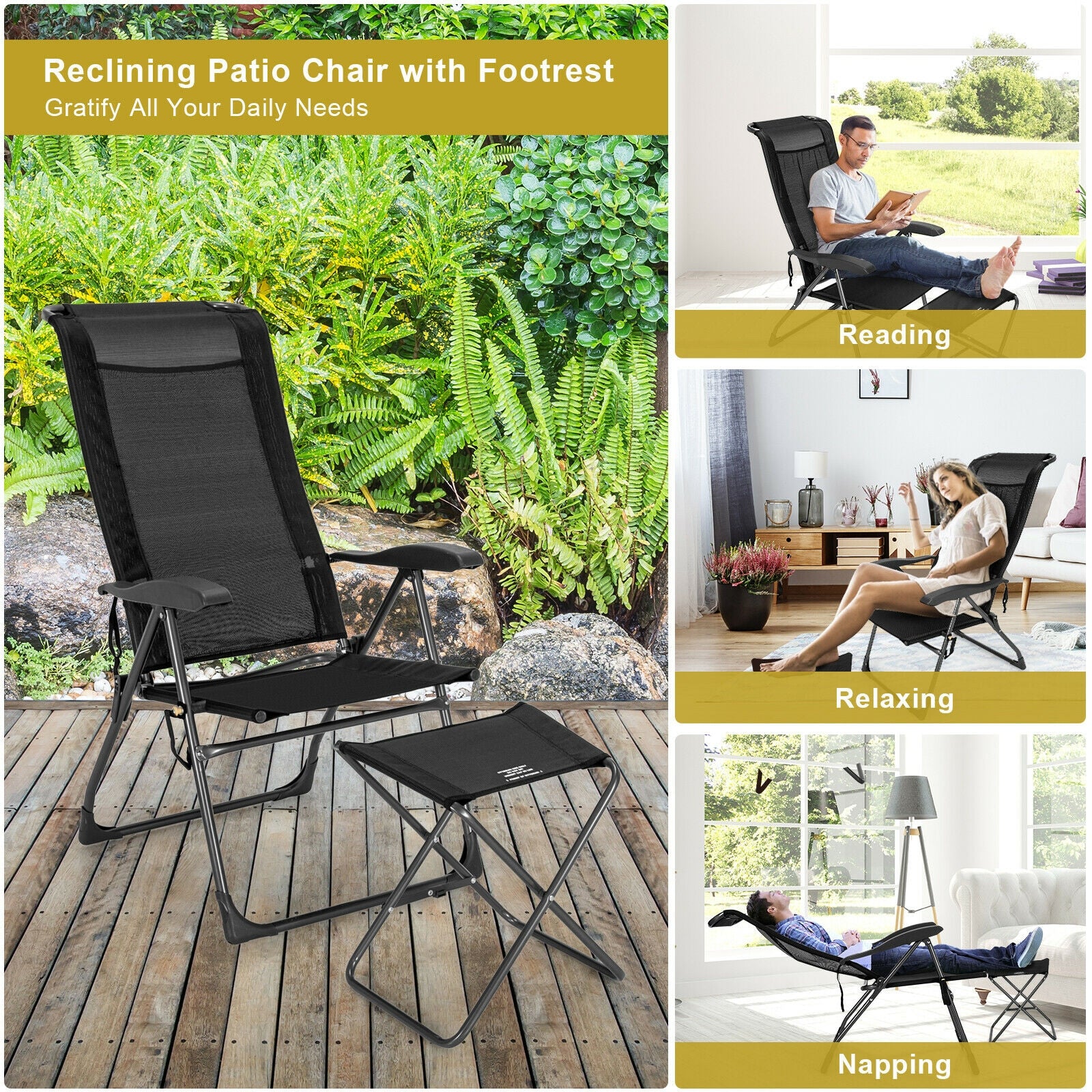 4 Pieces Patio Adjustable Back Folding Dining Chair Ottoman Set, Black Patio Dining Chairs at Gallery Canada