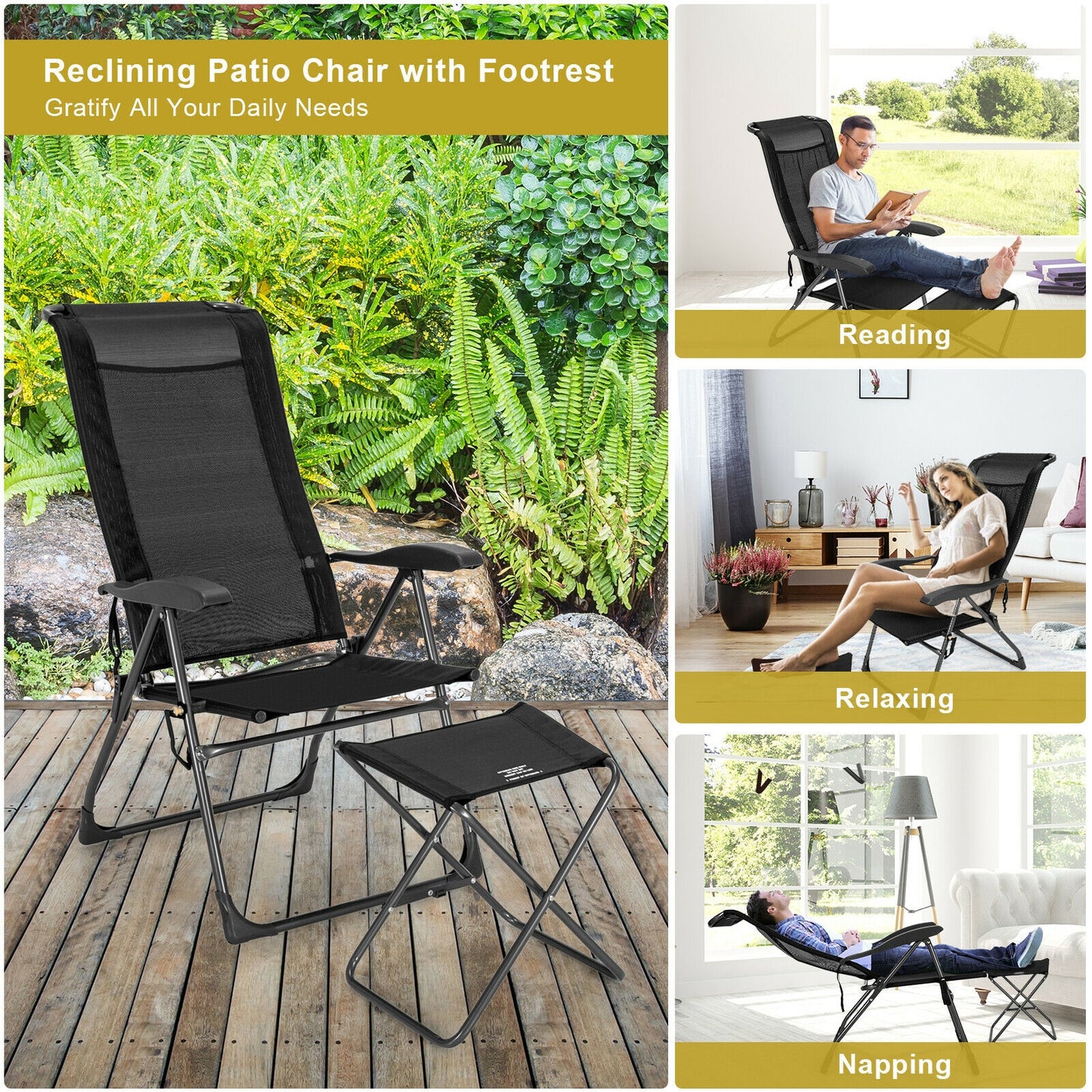 4 Pieces Patio Adjustable Back Folding Dining Chair Ottoman Set, Black Patio Dining Chairs at Gallery Canada
