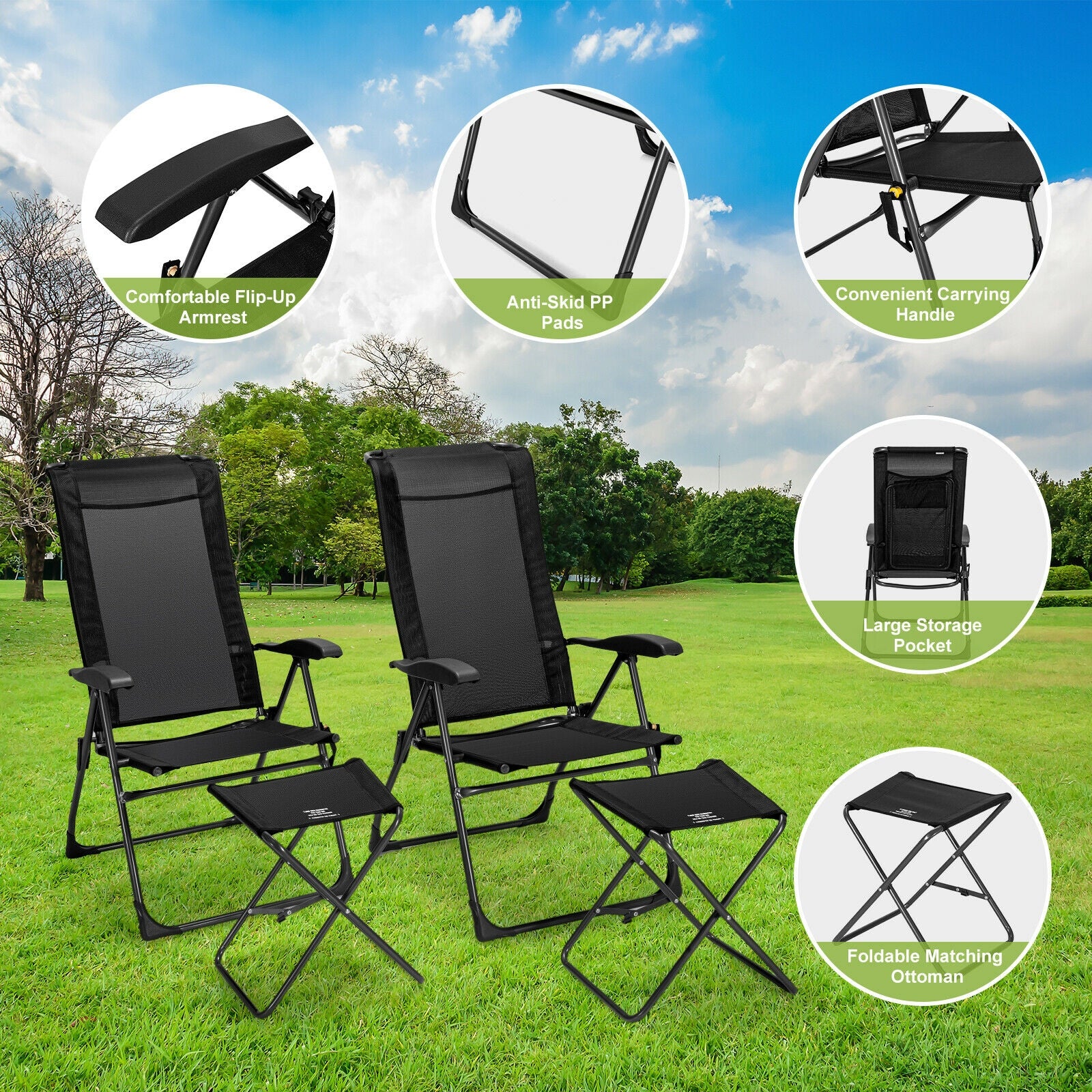 4 Pieces Patio Adjustable Back Folding Dining Chair Ottoman Set, Black Patio Dining Chairs at Gallery Canada