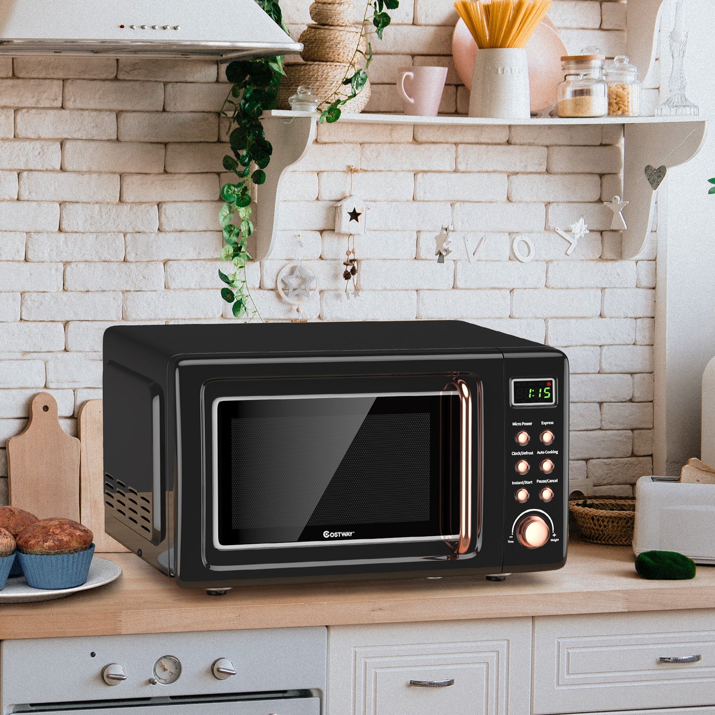 700W Retro Countertop Microwave Oven with 5 Micro Power and Auto Cooking Function, Golden Toaster Ovens at Gallery Canada
