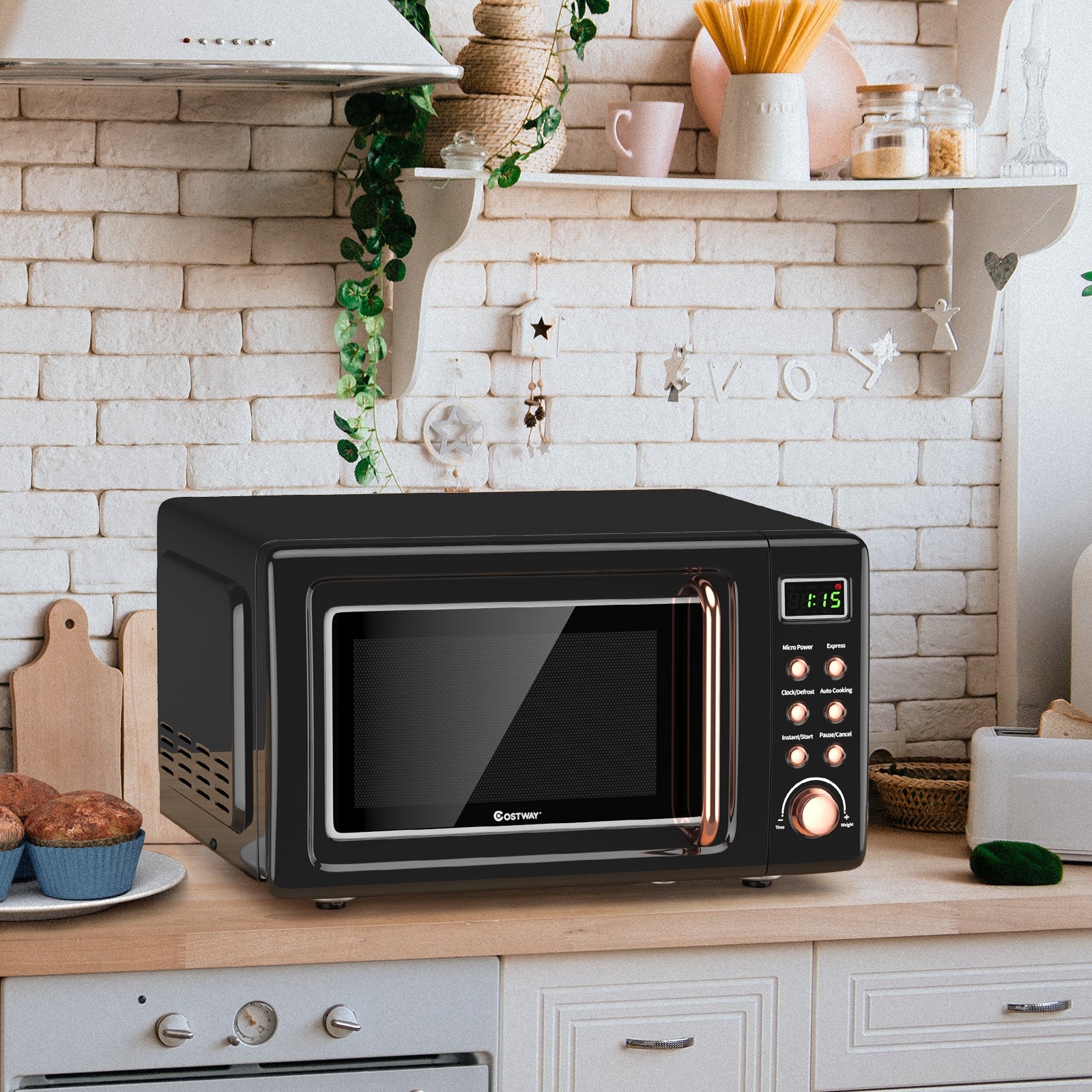 700W Retro Countertop Microwave Oven with 5 Micro Power and Auto Cooking Function, Golden Toaster Ovens at Gallery Canada