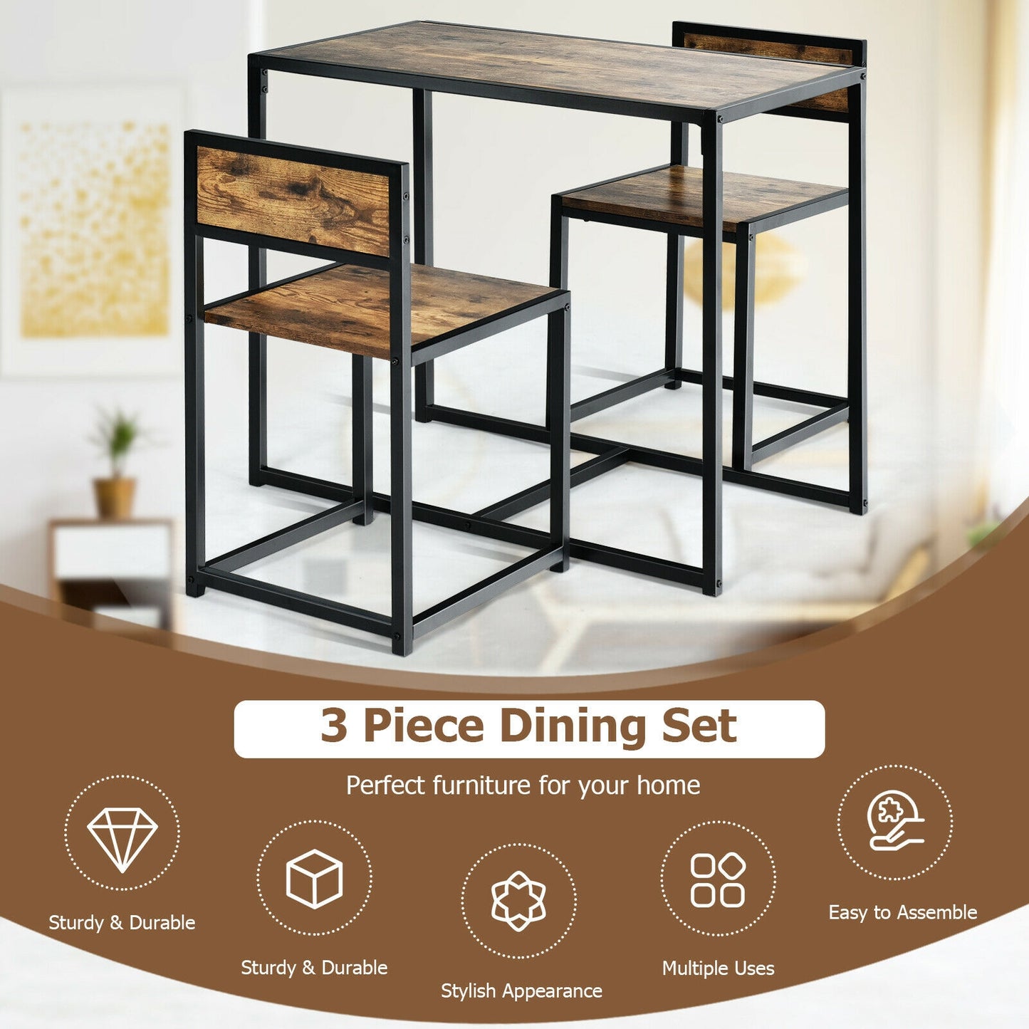 3 Pcs Dining Set, Compact Table and 2 Chairs, Metal Frame, Small Space Dining Room Sets at Gallery Canada