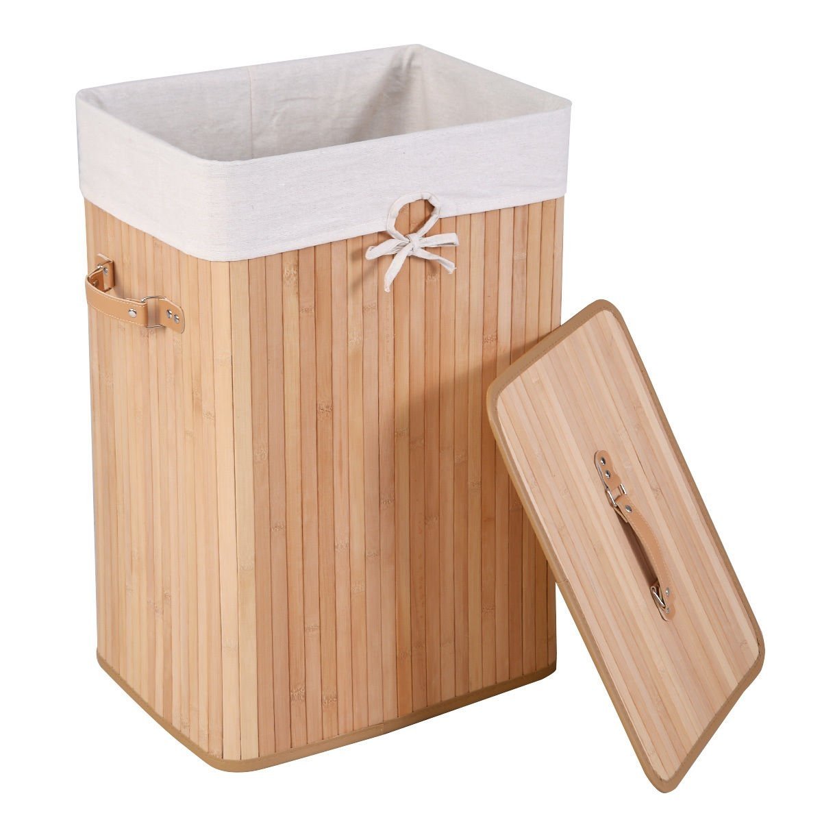 Rectangle Bamboo Hamper Laundry Basket Washing Cloth Bin Storage Bag Lid, Natural