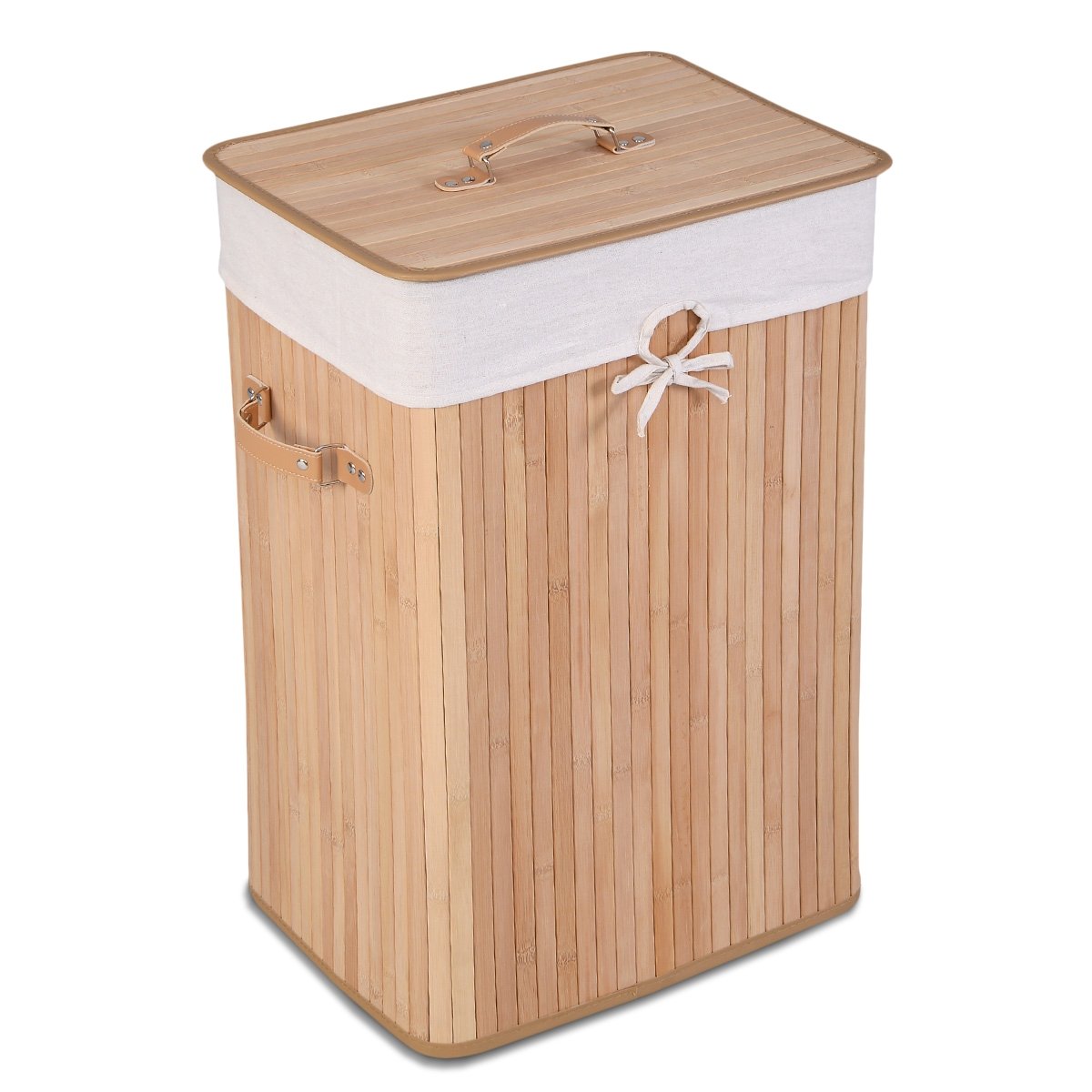 Rectangle Bamboo Hamper Laundry Basket Washing Cloth Bin Storage Bag Lid, Natural