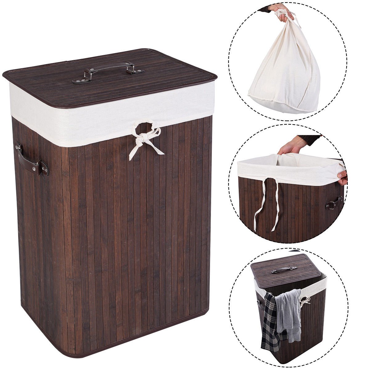 Rectangle Bamboo Hamper Laundry Basket Washing Cloth Bin Storage Bag Lid, Brown at Gallery Canada