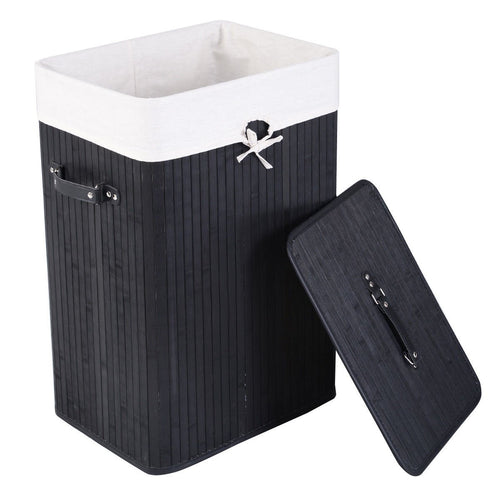 Rectangle Bamboo Hamper Laundry Basket Washing Cloth Bin Storage Bag Lid 3 color, Black