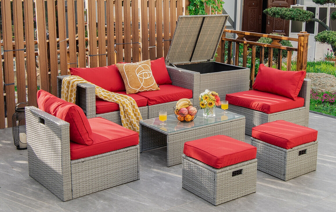8 Pieces Patio Rattan Furniture Set with Storage Waterproof Cover and Cushion, Red Outdoor Sectionals at Gallery Canada