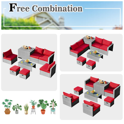 8 Pieces Patio Rattan Furniture Set with Storage Waterproof Cover and Cushion, Red Outdoor Sectionals at Gallery Canada