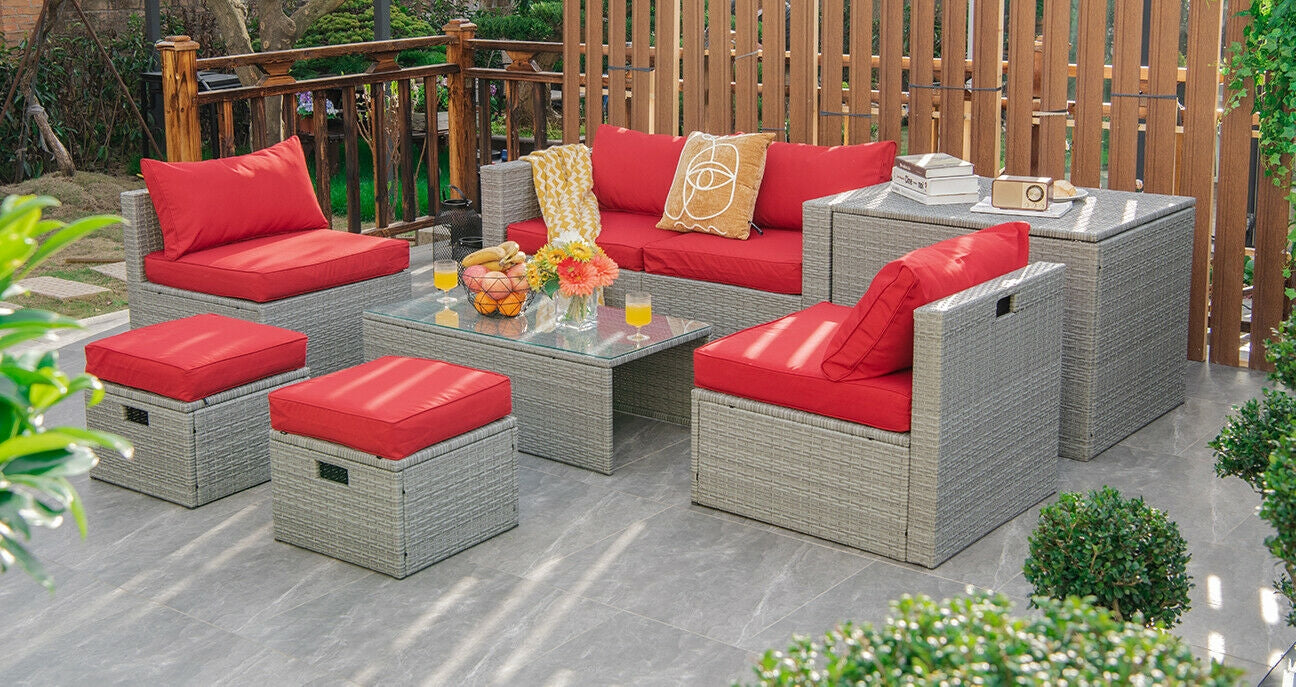 8 Pieces Patio Rattan Furniture Set with Storage Waterproof Cover and Cushion, Red Outdoor Sectionals at Gallery Canada