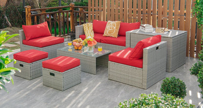 8 Pieces Patio Rattan Furniture Set with Storage Waterproof Cover and Cushion, Red Outdoor Sectionals at Gallery Canada
