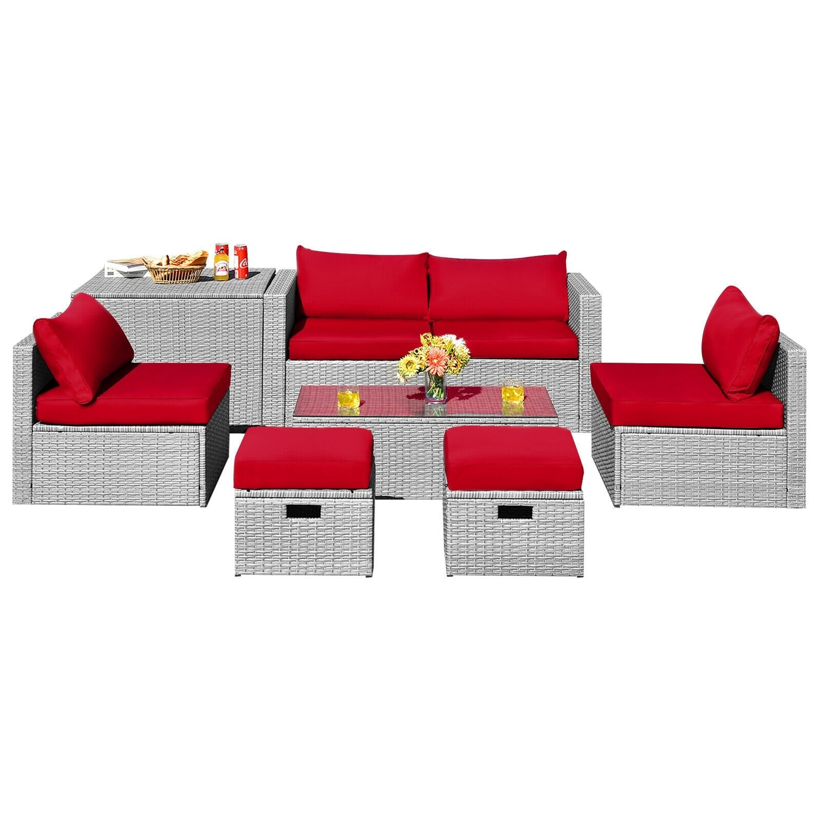 8 Pieces Patio Rattan Furniture Set with Storage Waterproof Cover and Cushion, Red Outdoor Sectionals Red at Gallery Canada