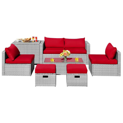 8 Pieces Patio Rattan Furniture Set with Storage Waterproof Cover and Cushion, Red Outdoor Sectionals Red at Gallery Canada
