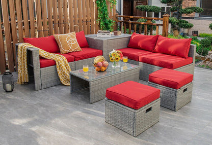 8 Pieces Patio Rattan Furniture Set with Storage Waterproof Cover and Cushion, Red Outdoor Sectionals at Gallery Canada