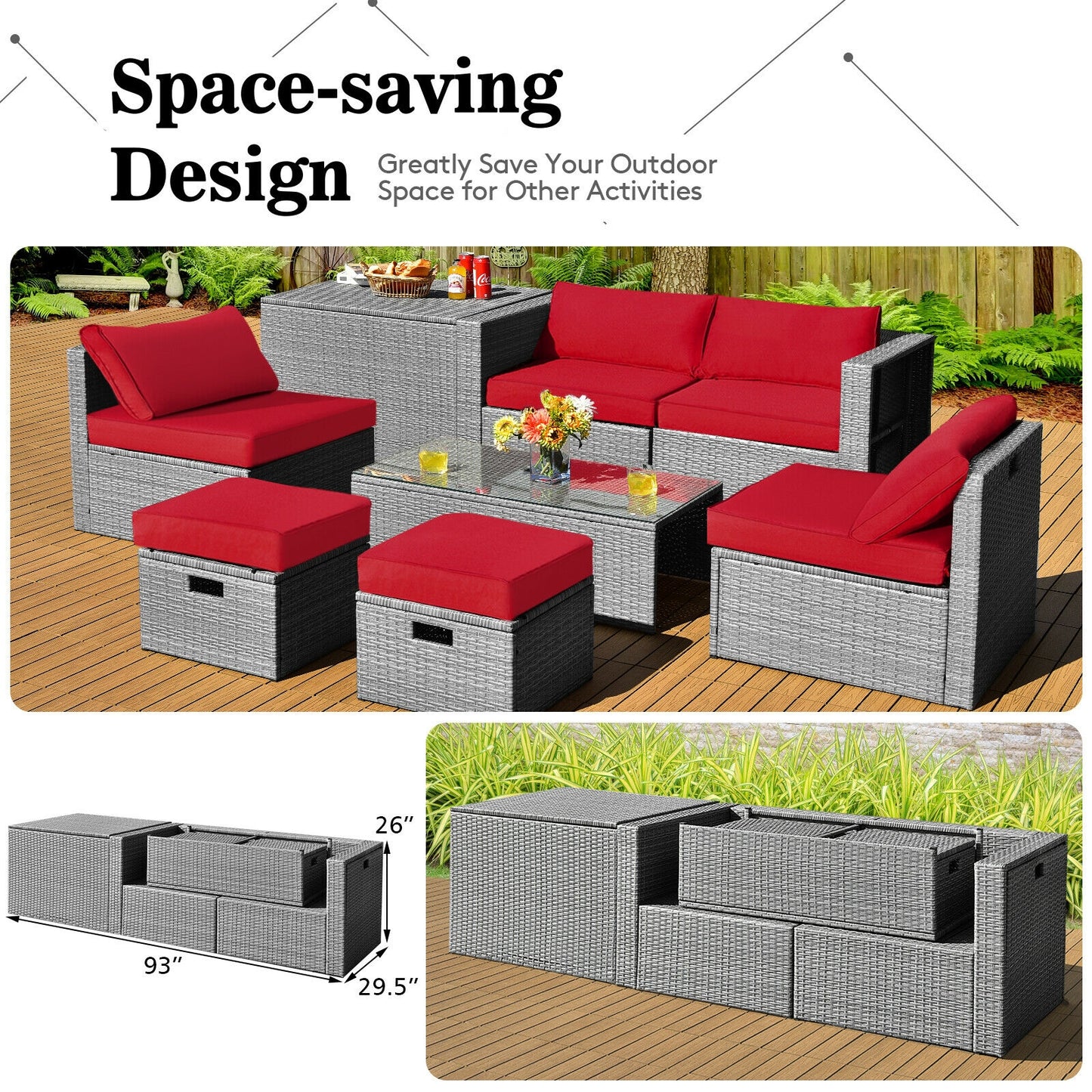 8 Pieces Patio Rattan Furniture Set with Storage Waterproof Cover and Cushion, Red Outdoor Sectionals at Gallery Canada