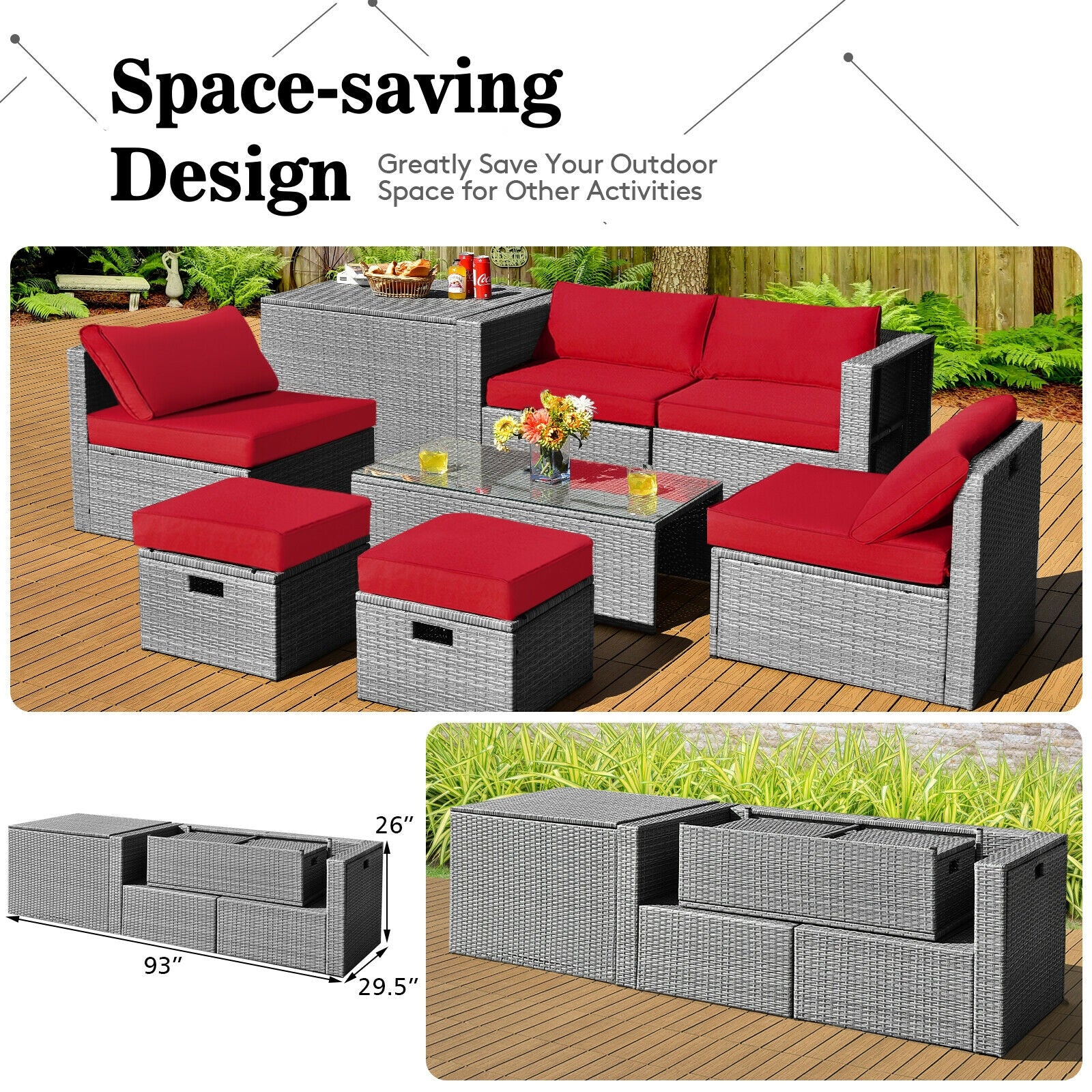 8 Pieces Patio Rattan Furniture Set with Storage Waterproof Cover and Cushion, Red Outdoor Sectionals at Gallery Canada
