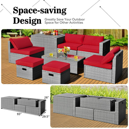 8 Pieces Patio Rattan Furniture Set with Storage Waterproof Cover and Cushion, Red Outdoor Sectionals at Gallery Canada
