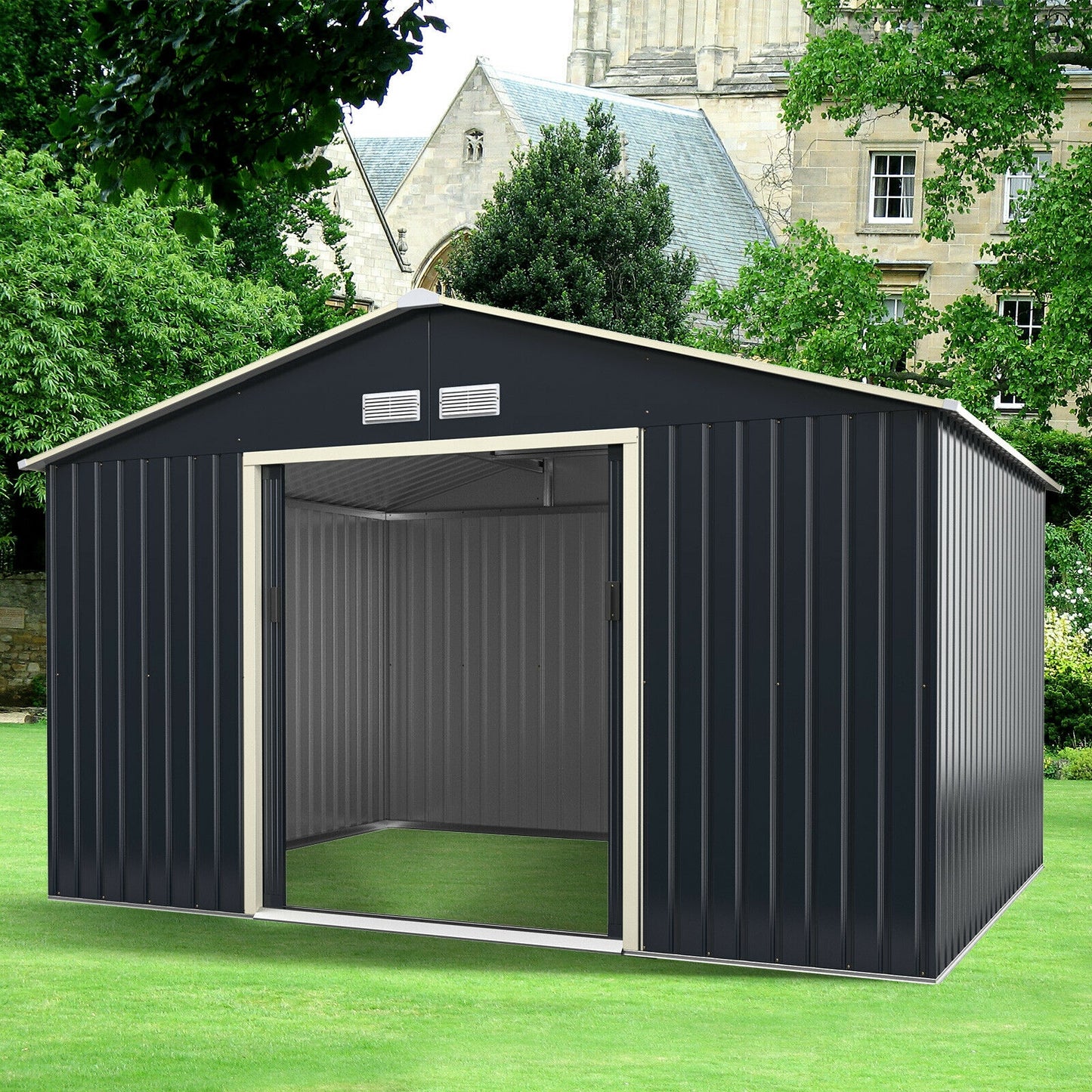 11 x 8 Feet Metal Storage Shed for Garden and Tools with 2 Lockable Sliding Doors, Gray Sheds & Outdoor Storage at Gallery Canada