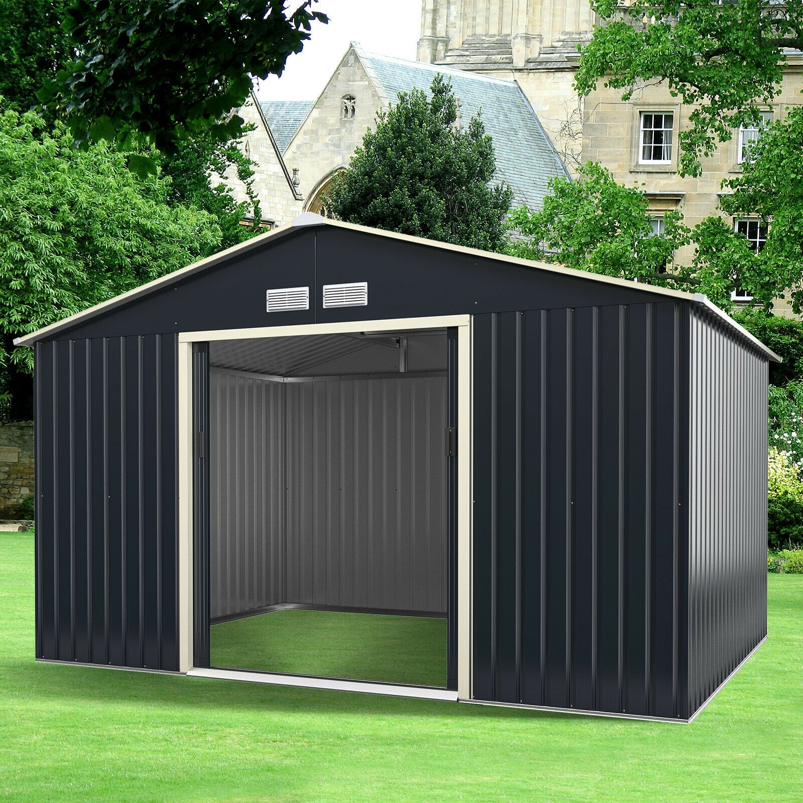 11 x 8 Feet Metal Storage Shed for Garden and Tools with 2 Lockable Sliding Doors, Gray Sheds & Outdoor Storage at Gallery Canada
