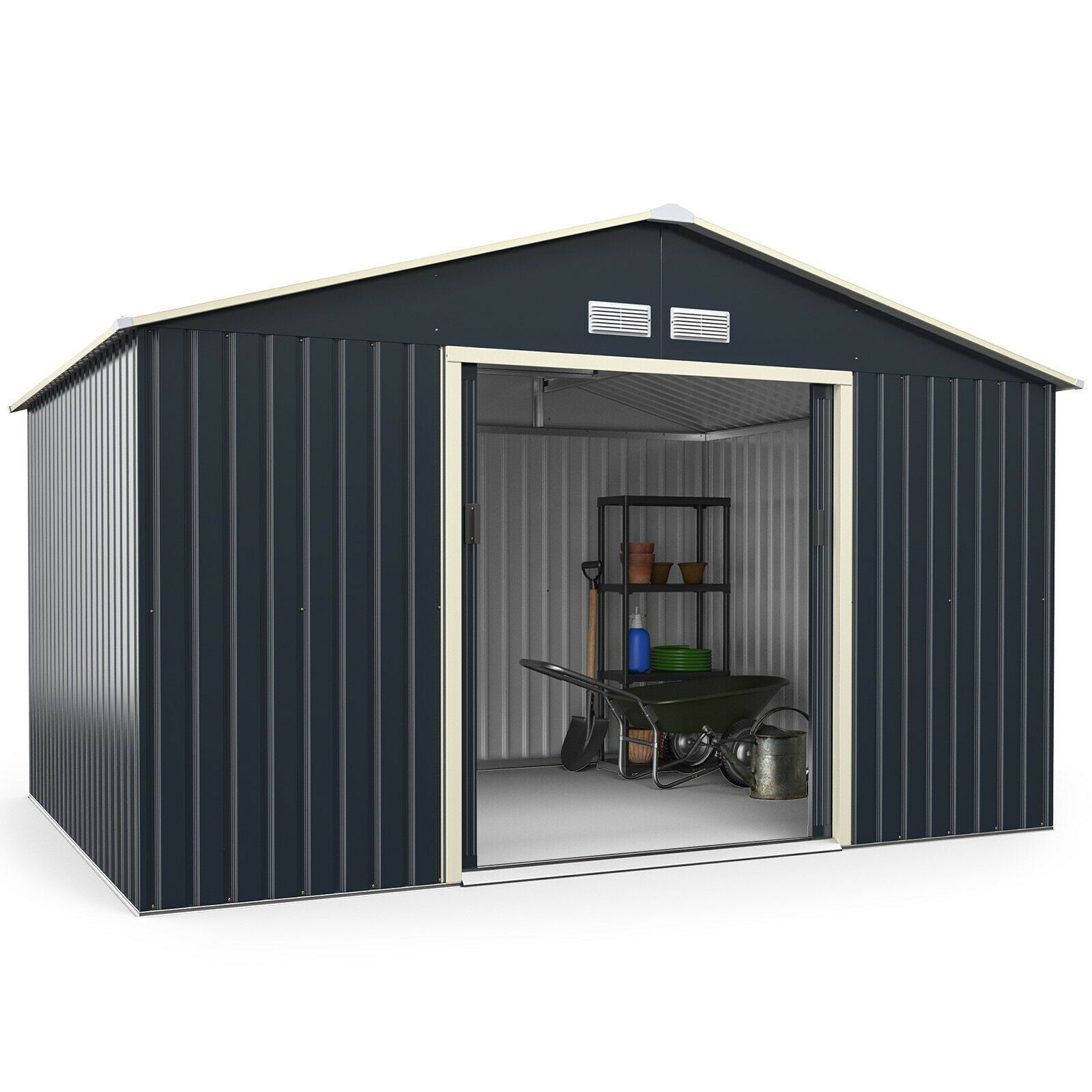 11 x 8 Feet Metal Storage Shed for Garden and Tools with 2 Lockable Sliding Doors, Gray Sheds & Outdoor Storage Gray at Gallery Canada