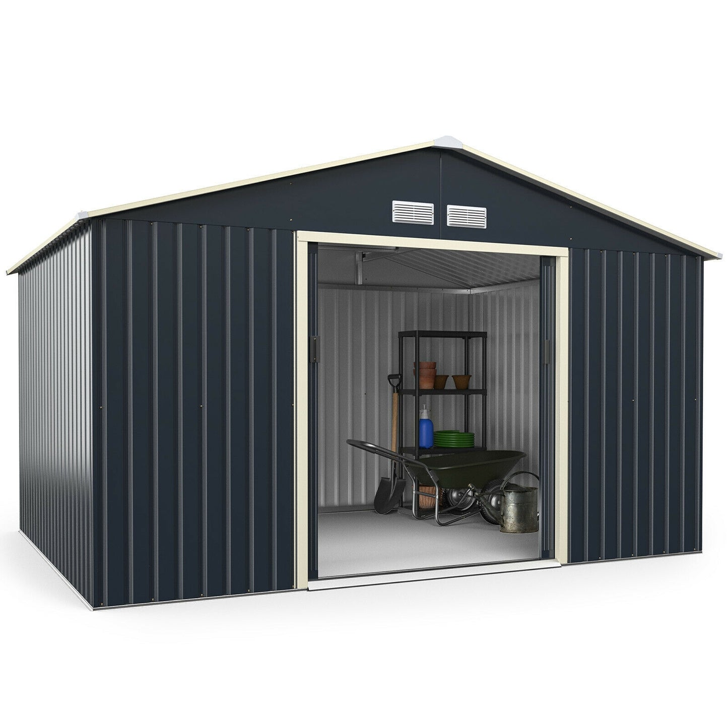 11 x 8 Feet Metal Storage Shed for Garden and Tools with 2 Lockable Sliding Doors, Gray Sheds & Outdoor Storage at Gallery Canada