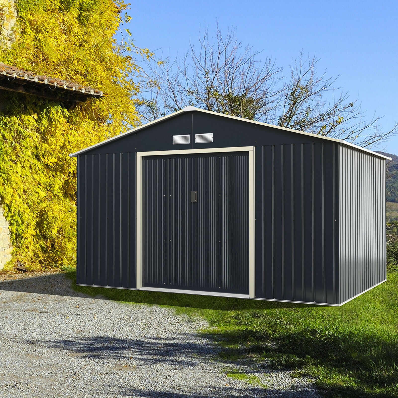 11 x 8 Feet Metal Storage Shed for Garden and Tools with 2 Lockable Sliding Doors, Gray Sheds & Outdoor Storage at Gallery Canada