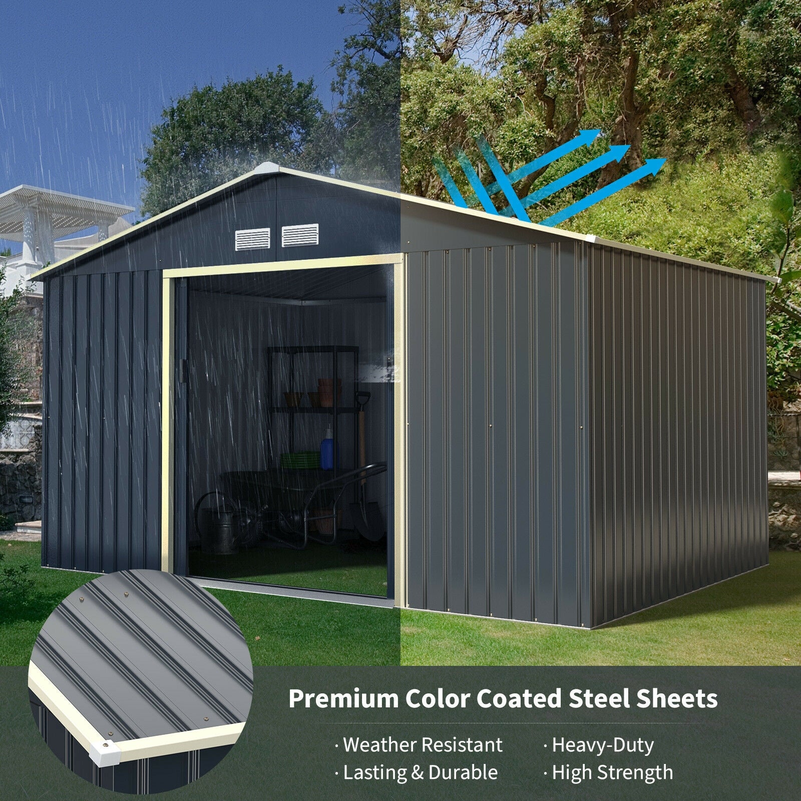 11 x 8 Feet Metal Storage Shed for Garden and Tools with 2 Lockable Sliding Doors, Gray Sheds & Outdoor Storage at Gallery Canada